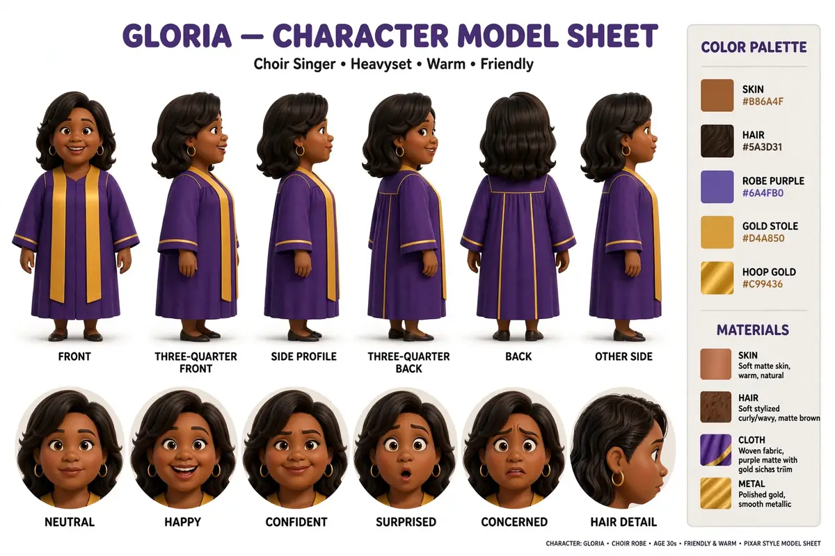 Gloria character reference sheet