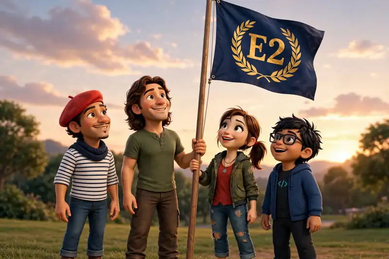 Henri, Mike, Sally, and Dinesh raising the E2 flag at sunset
