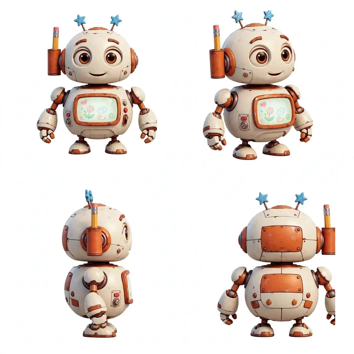 Doodle character sheet: front, three-quarter, side, and back views of the little cream and rust robot with star antennae and a pencil