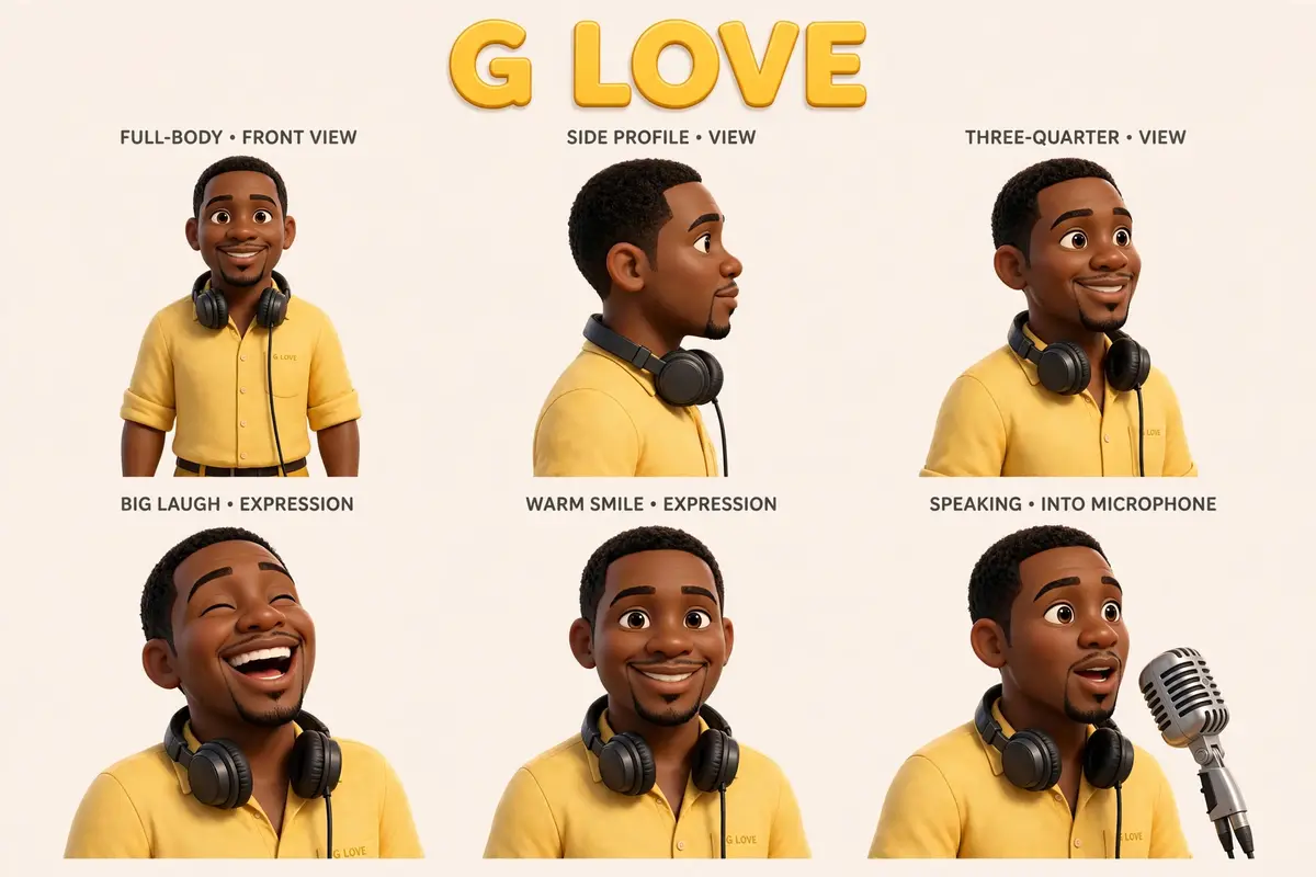 G Love character sheet: front, side, and three-quarter views plus expression studies