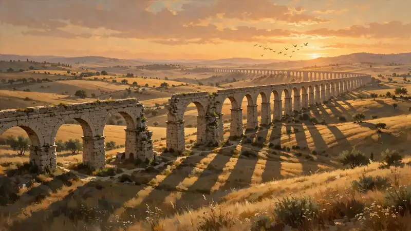 Ancient Roman stone aqueducts marching across golden countryside at sunset, ducks flying in formation in the distance