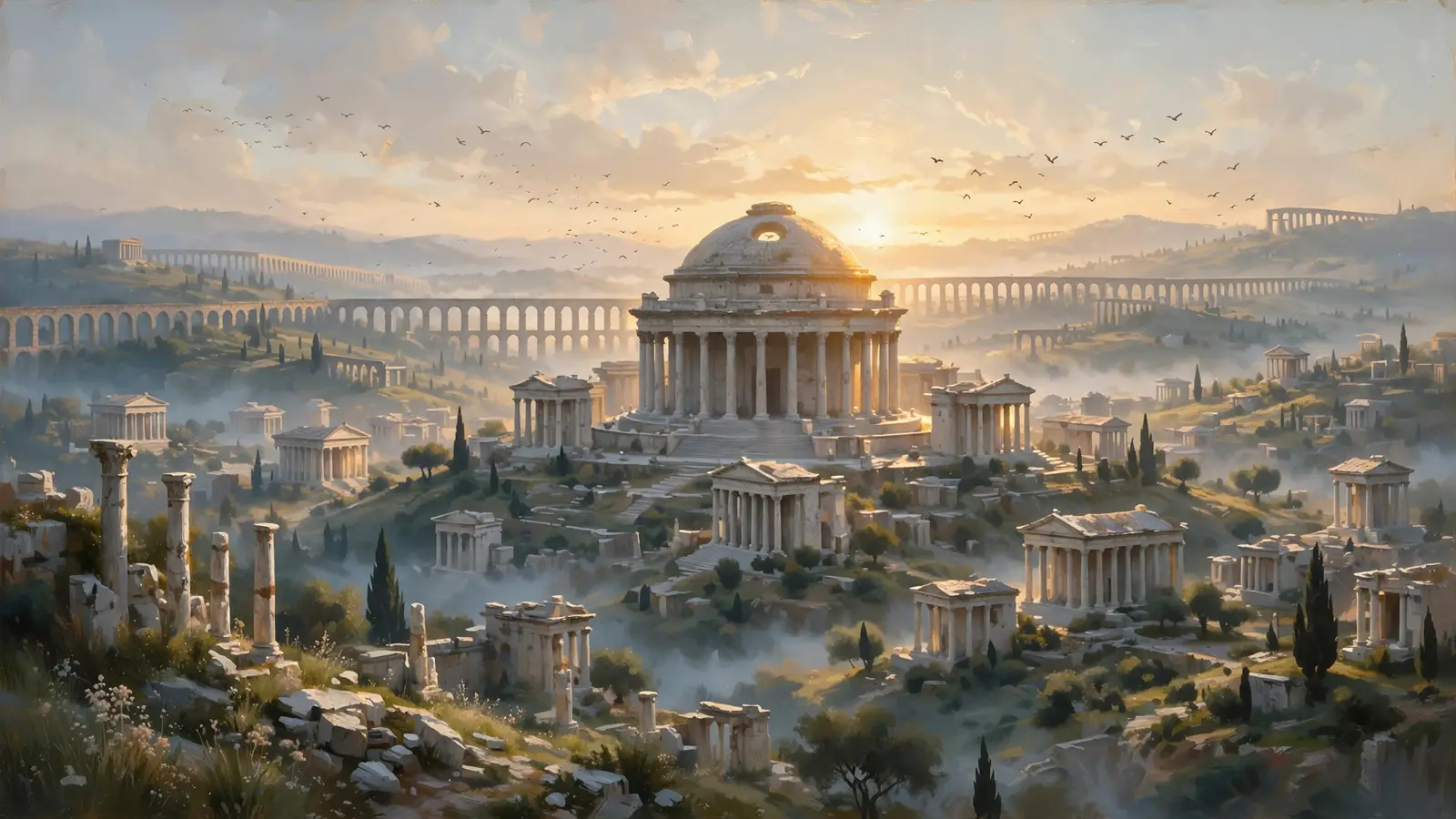 Romula at golden hour: marble streets, the great fountain in the square, and citizens strolling between the columns