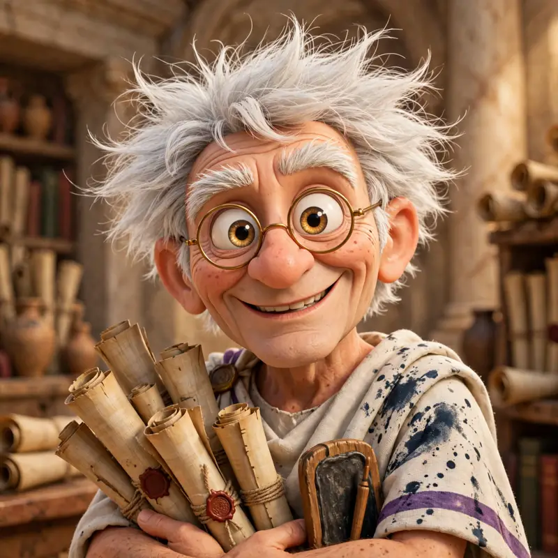 Plinius the Nosy, Head Historian of Romula: wild white hair, round spectacles, ink-stained toga, clutching an armful of scrolls