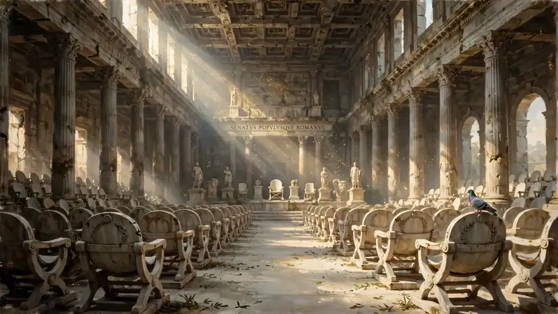 Grand Roman senate hall interior with marble columns, morning light, and a single pigeon perched on a senator's chair
