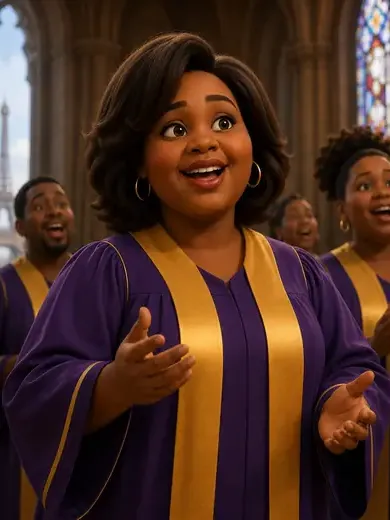 Gloria singing in a purple and gold robe