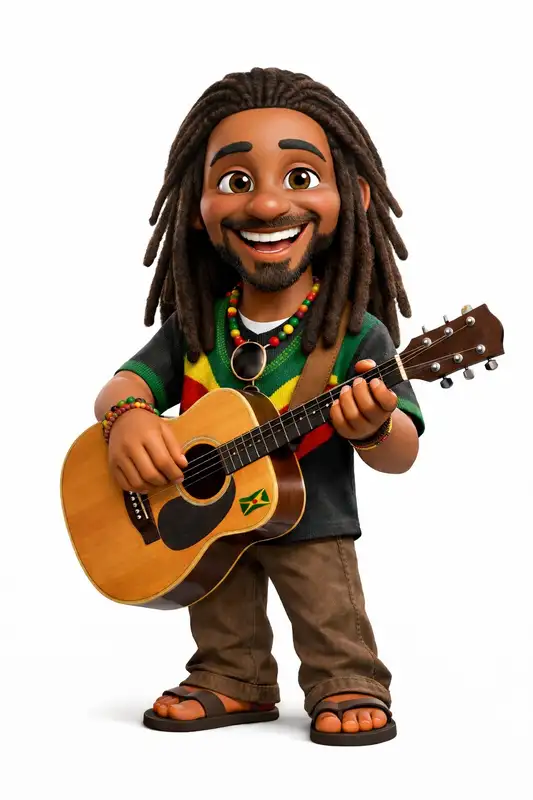 Jah Vibez smiling and playing island guitar
