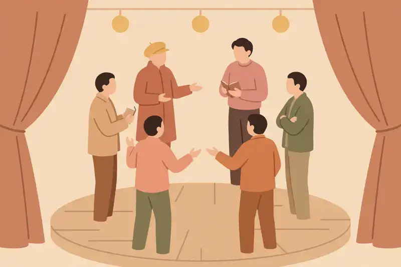 A group of actors in a circle rehearsing together