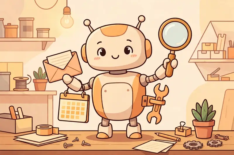 A robot helper holding tools for different tasks