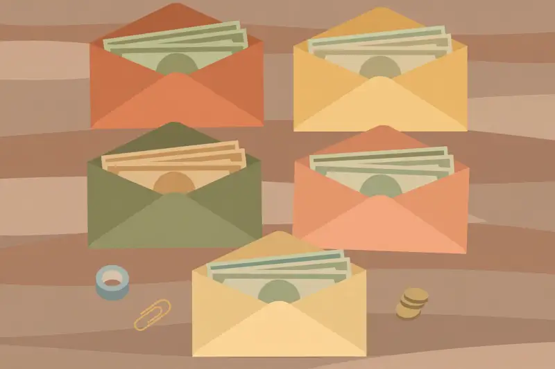 Labeled cash envelopes for groceries, dining, and fun arranged on a table