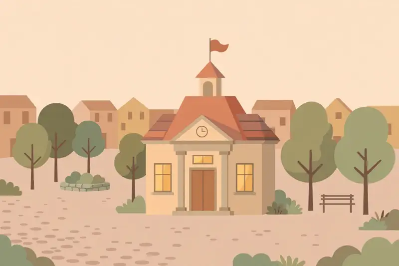 A small city hall building with a flag in a town square