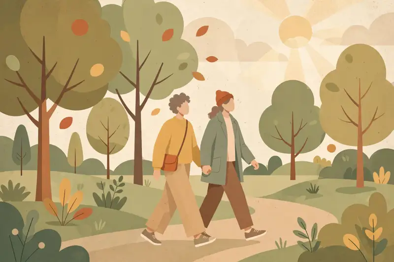 A couple taking a relaxed walk together in a sunny park