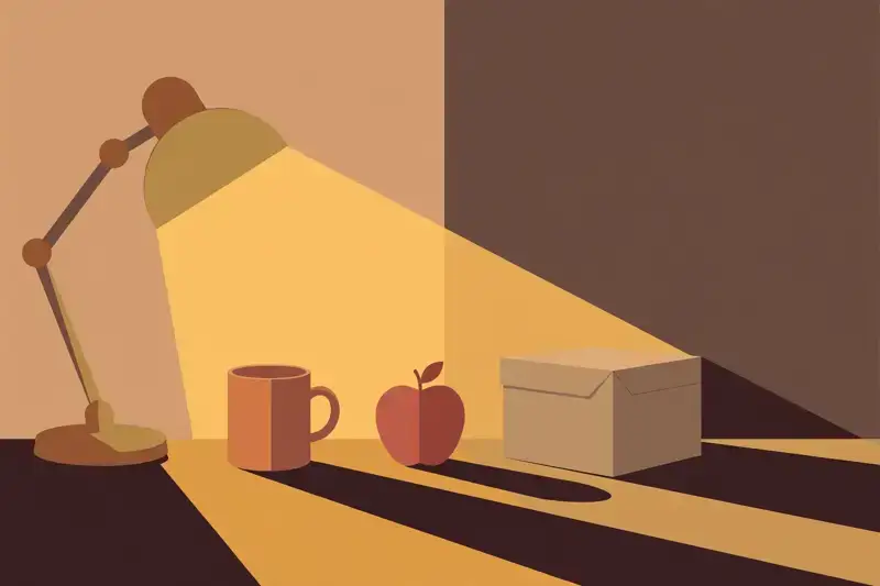 A simple still life of a mug, apple, and box lit by a desk lamp