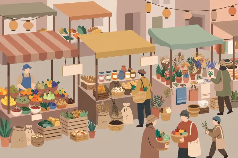 A busy marketplace with vendor stalls and price signs