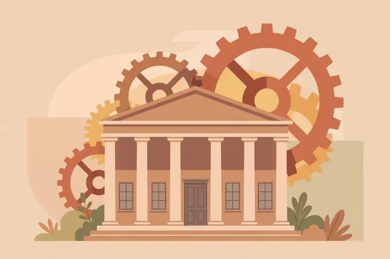 A classical bank building with gears turning behind it