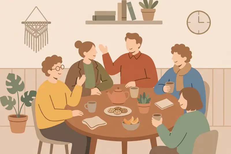 A group of adults chatting around a table at a weekly club meeting