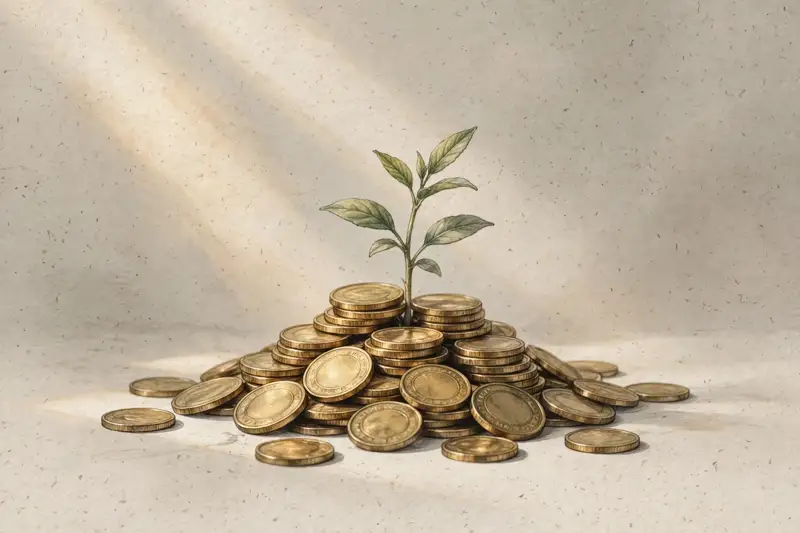 A plant growing from coins, long-term investing