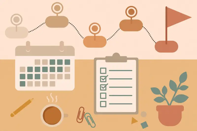 A project roadmap with milestones leading to a finish flag