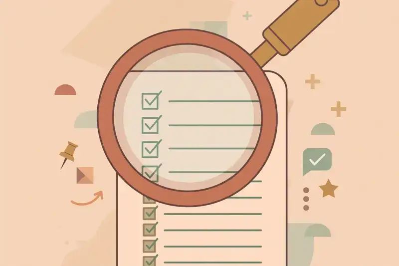 A magnifying glass inspecting a document with checkmarks