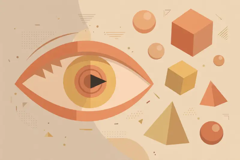 A large stylized eye looking at floating geometric shapes