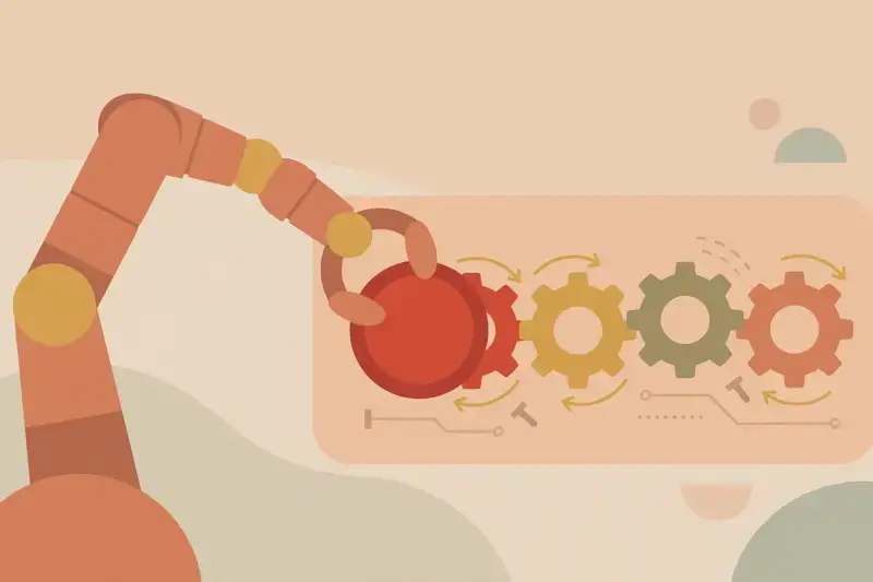 A robot arm pressing a button that starts gears turning automatically