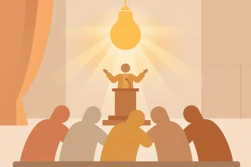 A speaker on stage with one bright idea lighting up the room