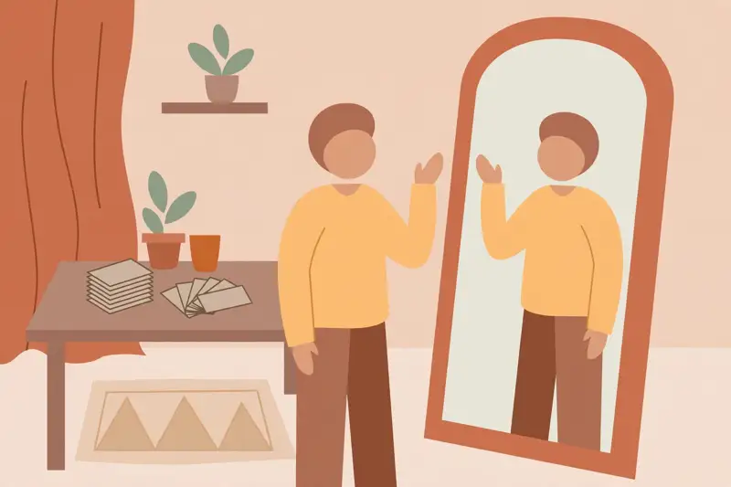 A person practicing a speech out loud in front of a mirror at home
