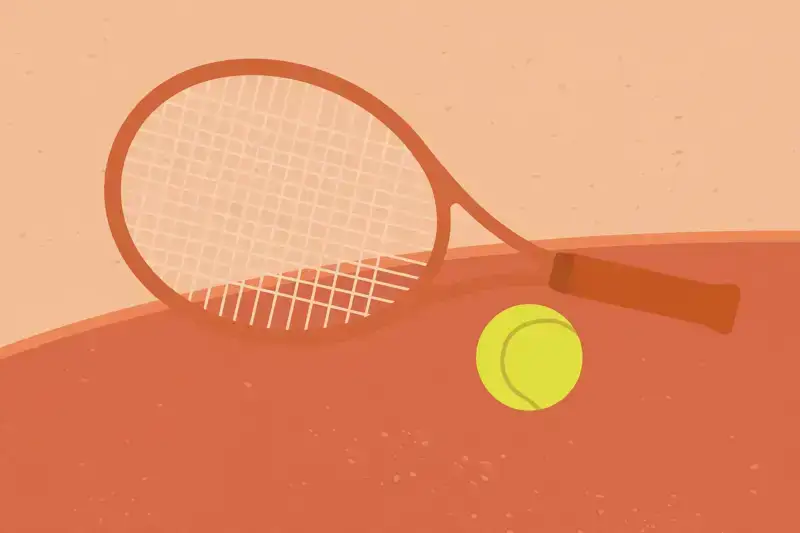 A flat illustration of a tennis racket and ball on a clay court