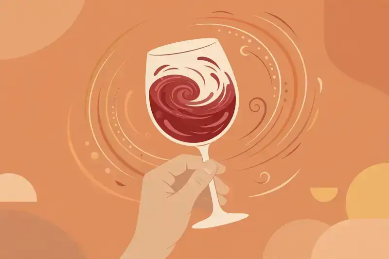 A flat illustration of a hand swirling a glass of red wine