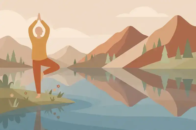 A person holding tree pose on one leg beside a calm lake