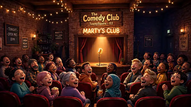 Punchline comedy club in TawnySquire: brick walls, red chairs, glowing microphone on stage