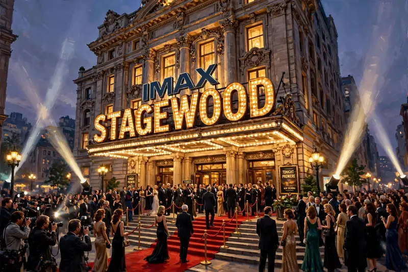 The Stagewood IMAX in TawnySquire on premiere night: grand palace theater with IMAX STAGEWOOD in giant golden bulb letters, red carpet, photographers, and searchlights in the dusk sky