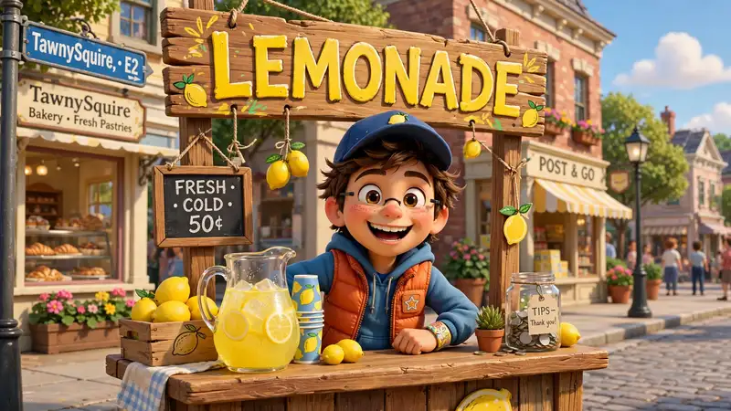 The lemonade stand in TawnySquire: a clever kid behind a wooden stand with a hand-painted sign, sunny day