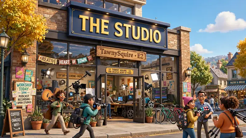 The Studio building in TawnySquire: big creative space with large windows, people with guitars and cameras