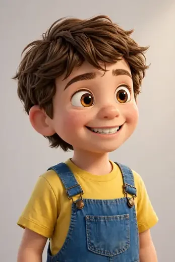 Leo smiling in his yellow shirt and denim overalls