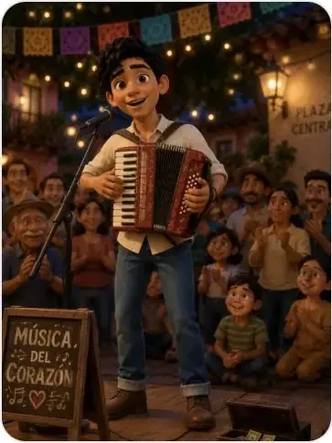 Mateo performing in a lively town plaza